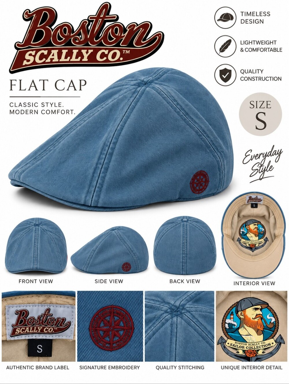 Boston Scally Co. Sailor Collection Blue Flat Cap – Size Small